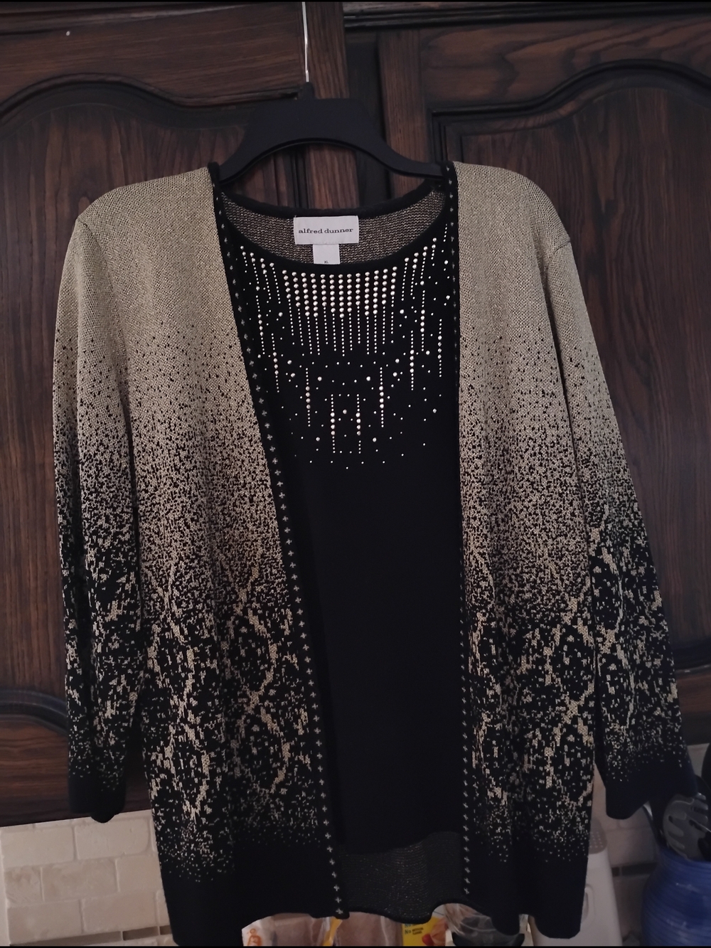 Alfred Dunner Black and Gold Gradient Studded Cardigan